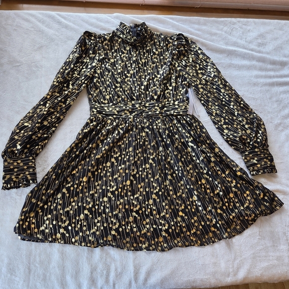 AQUA Mock Neck Gold Foil Mini Dress  Medium - Picture 12 of 14